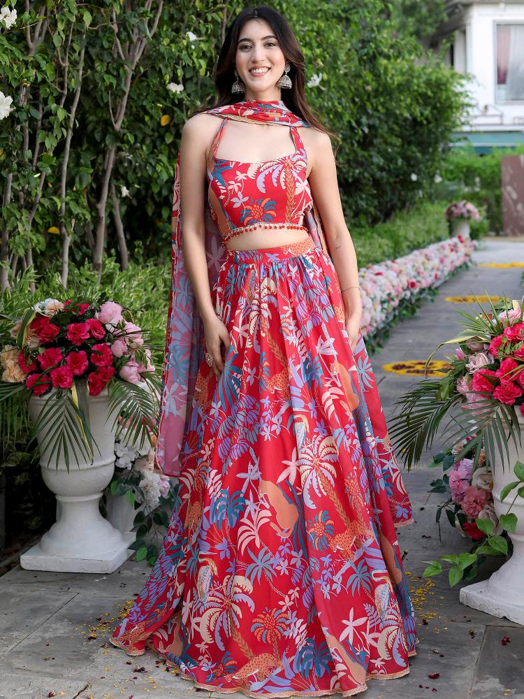 Printed Red Georgette Lehenga