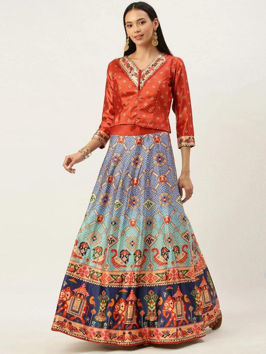 Printed Red N Multicolor Crop Top Lehenga