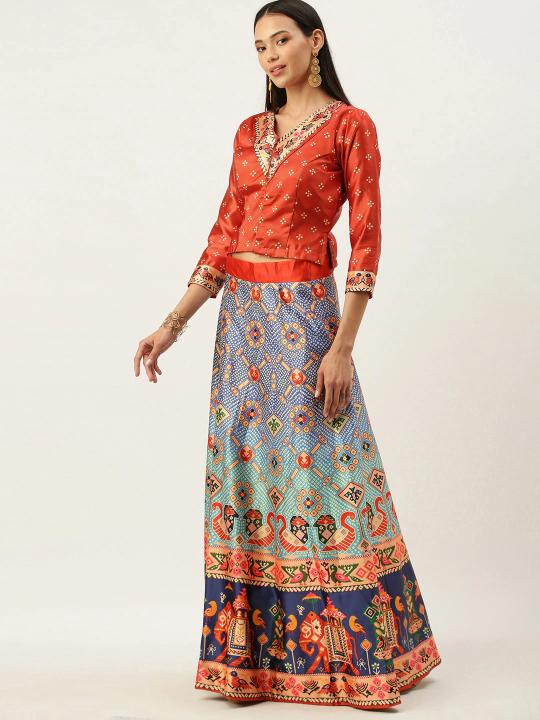 Printed Red N Multicolor Crop Top Lehenga