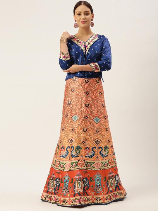 Printed Royal Blue N Multicolor Crop Top Lehenga