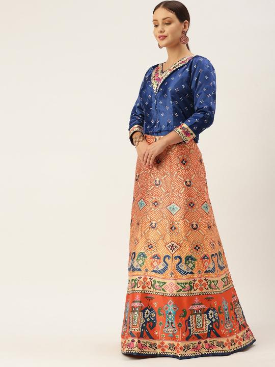 Printed Royal Blue N Multicolor Crop Top Lehenga