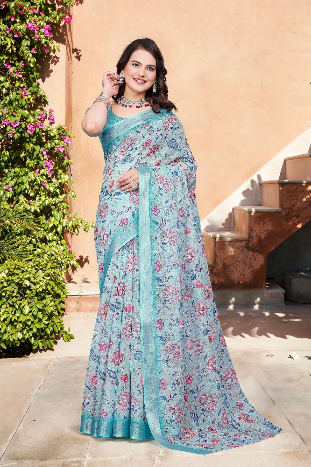 Printed Sea Green Linen Cotton Saree