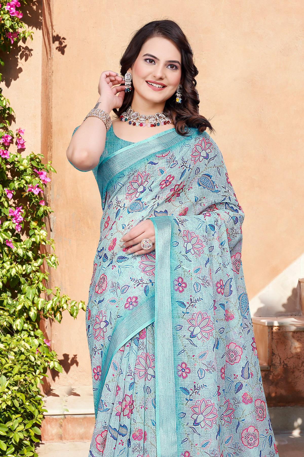 Printed Sea Green Linen Cotton Saree — alternate view