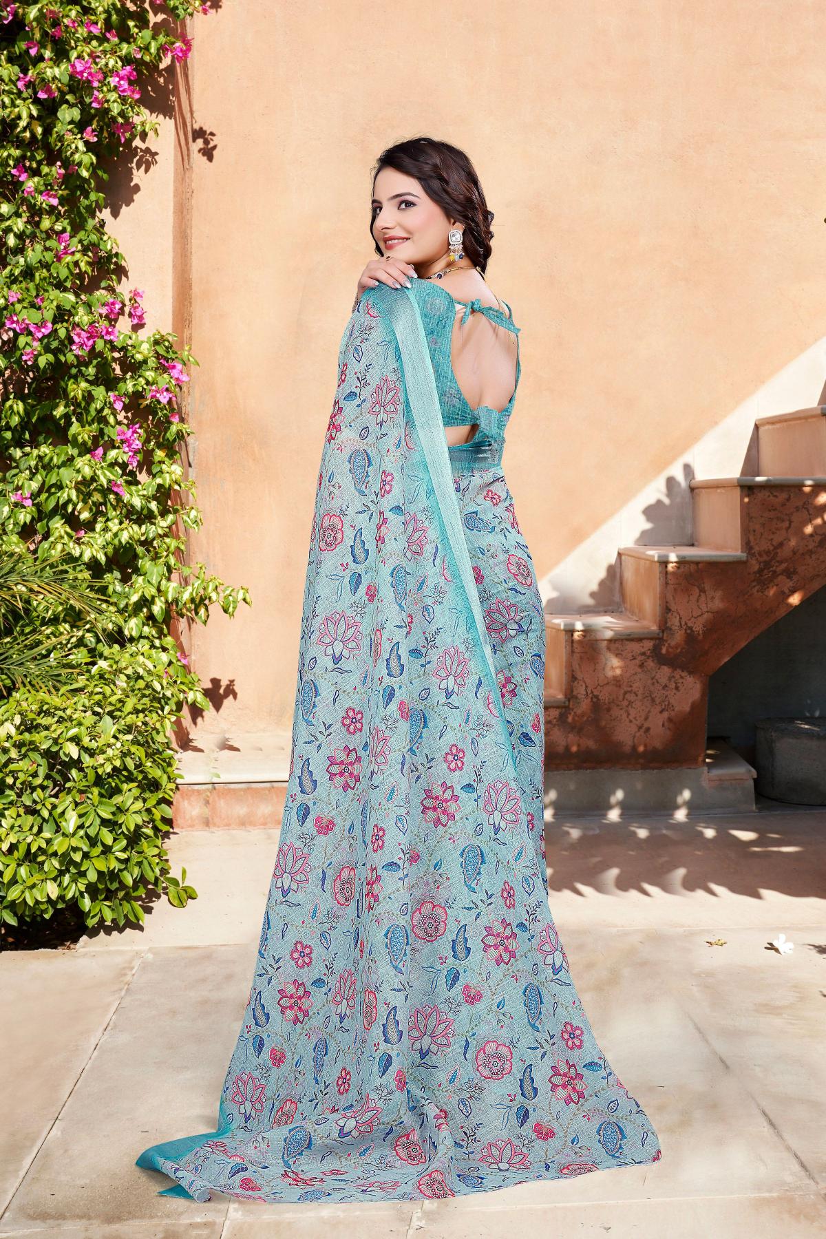 Printed Sea Green Linen Cotton Saree