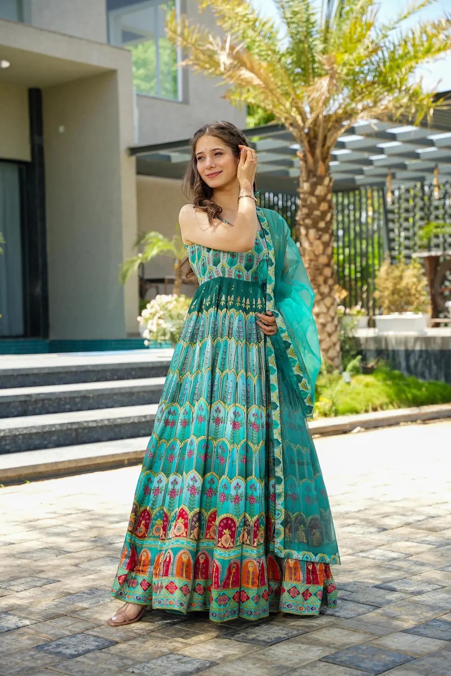 Printed Sea Green Silk Gown