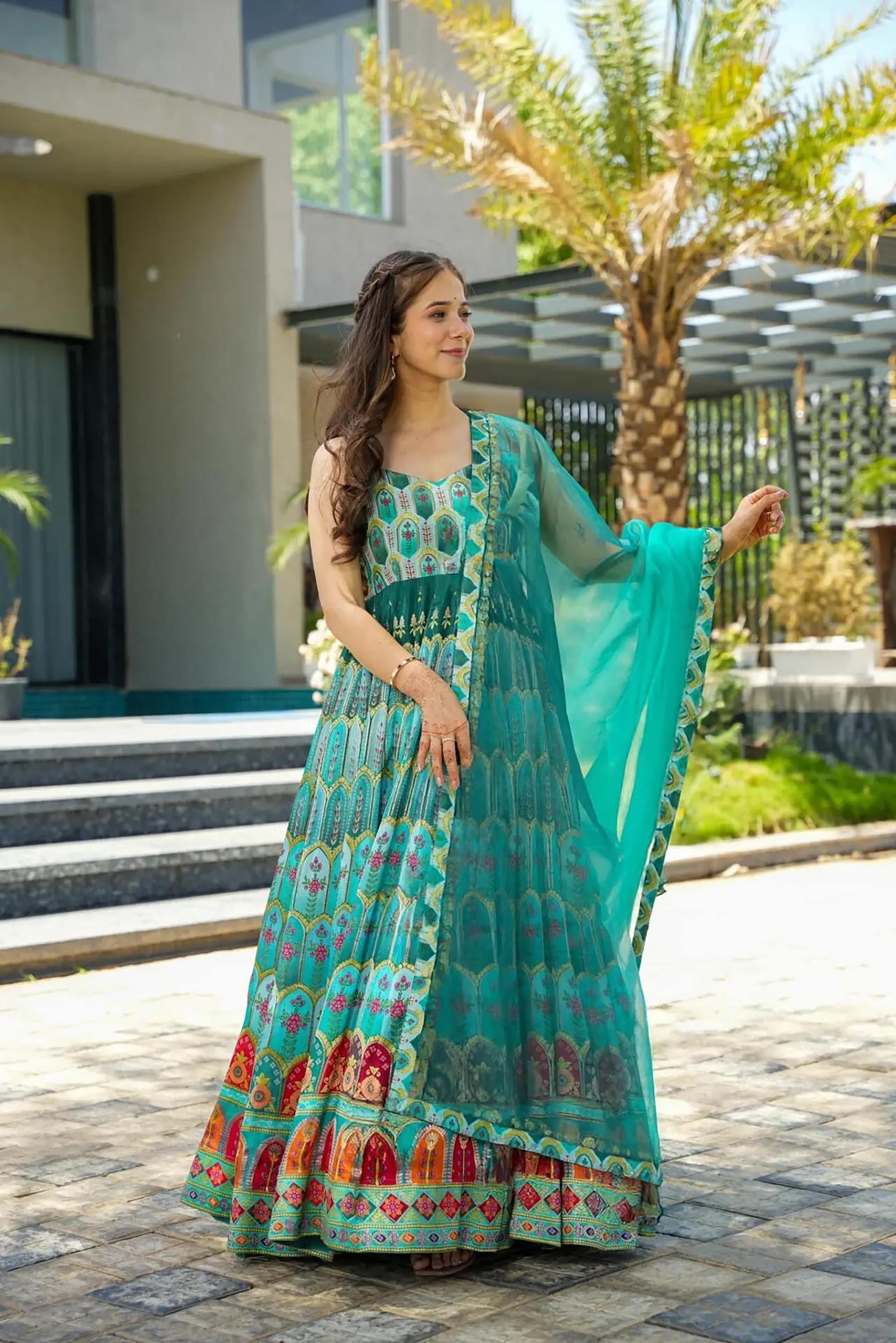 Printed Sea Green Silk Gown
