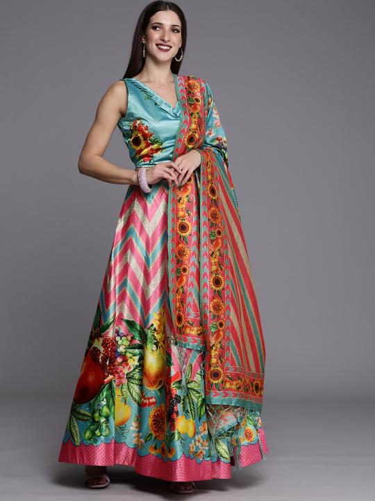 Printed Sky Blue N Pink Lehenga