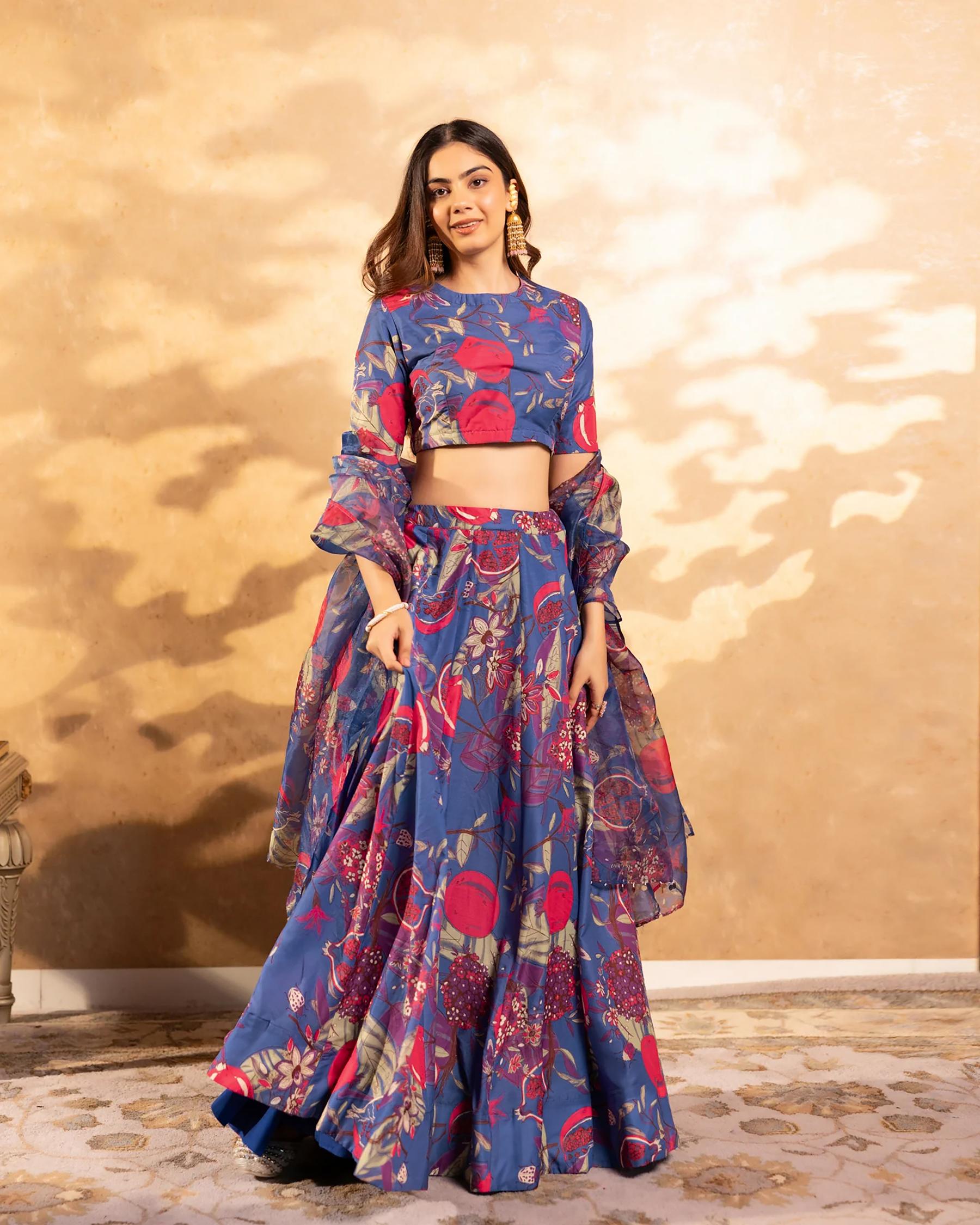 Printed Teal Blue Readymade Lehenga