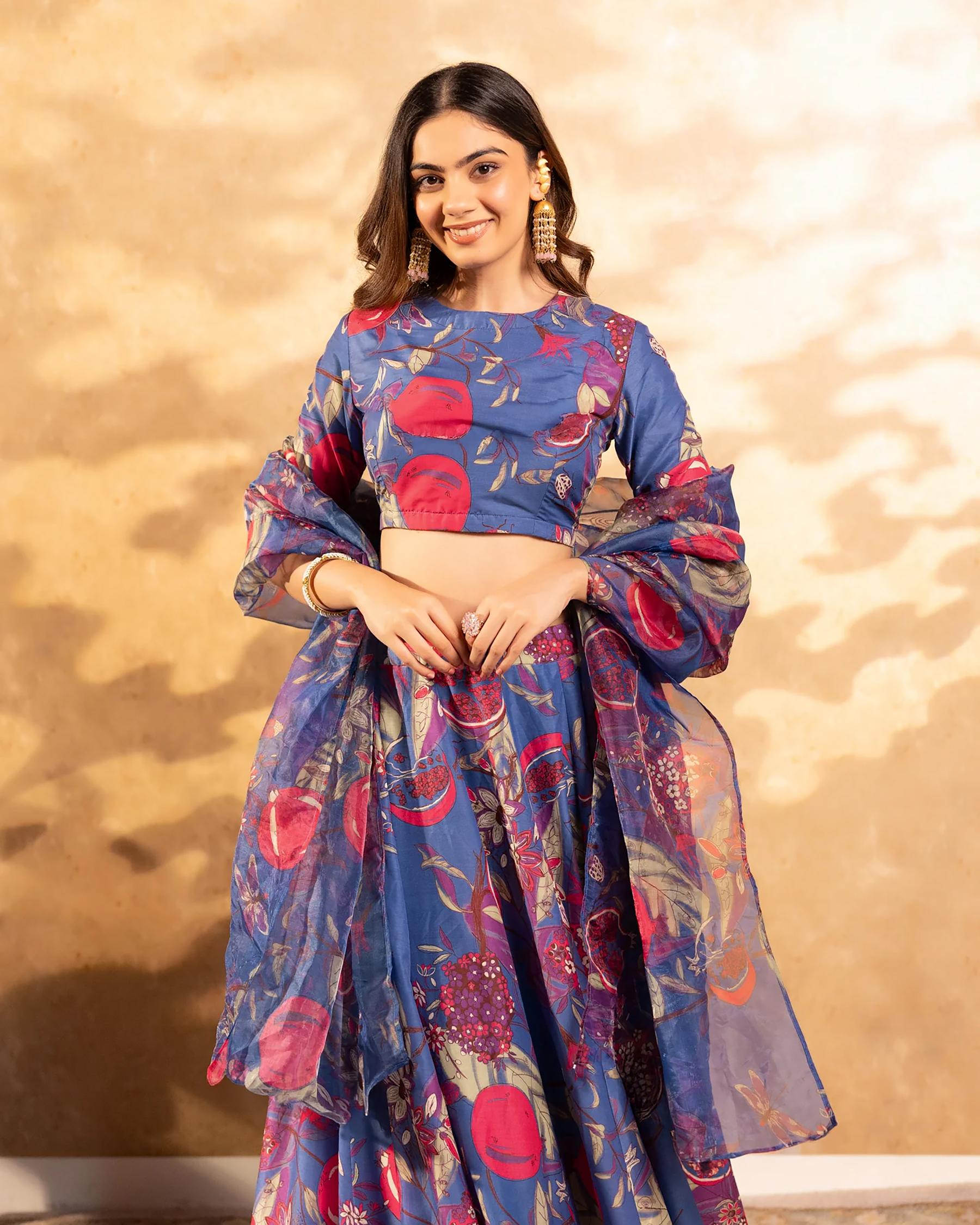 Printed Teal Blue Readymade Lehenga