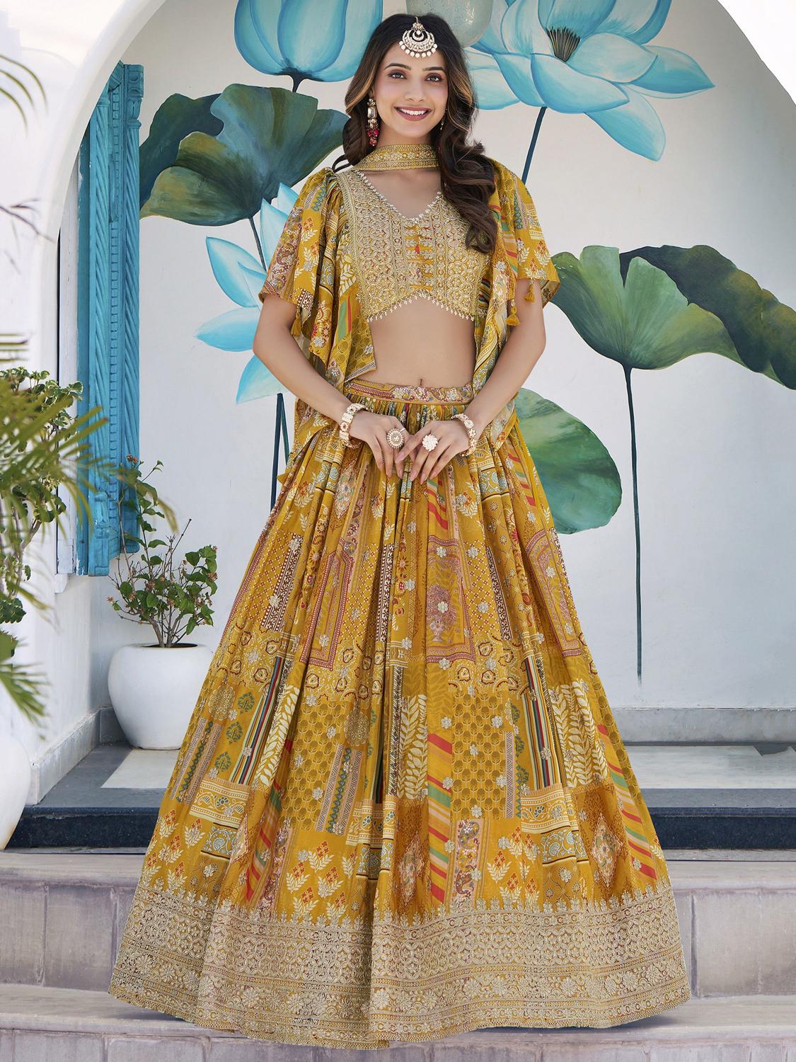 Printed Yellow Chinon Silk Lehenga