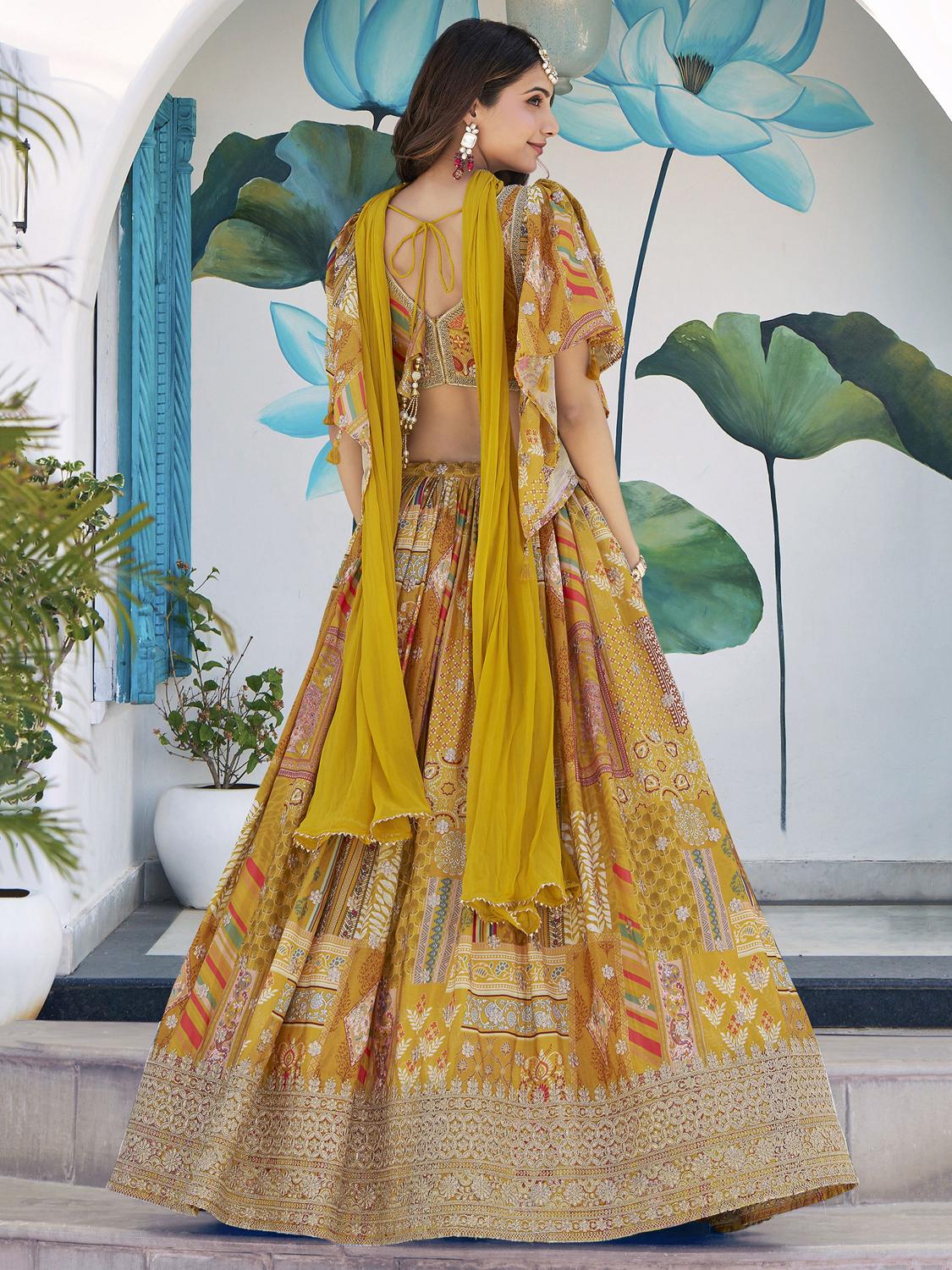 Printed Yellow Chinon Silk Lehenga