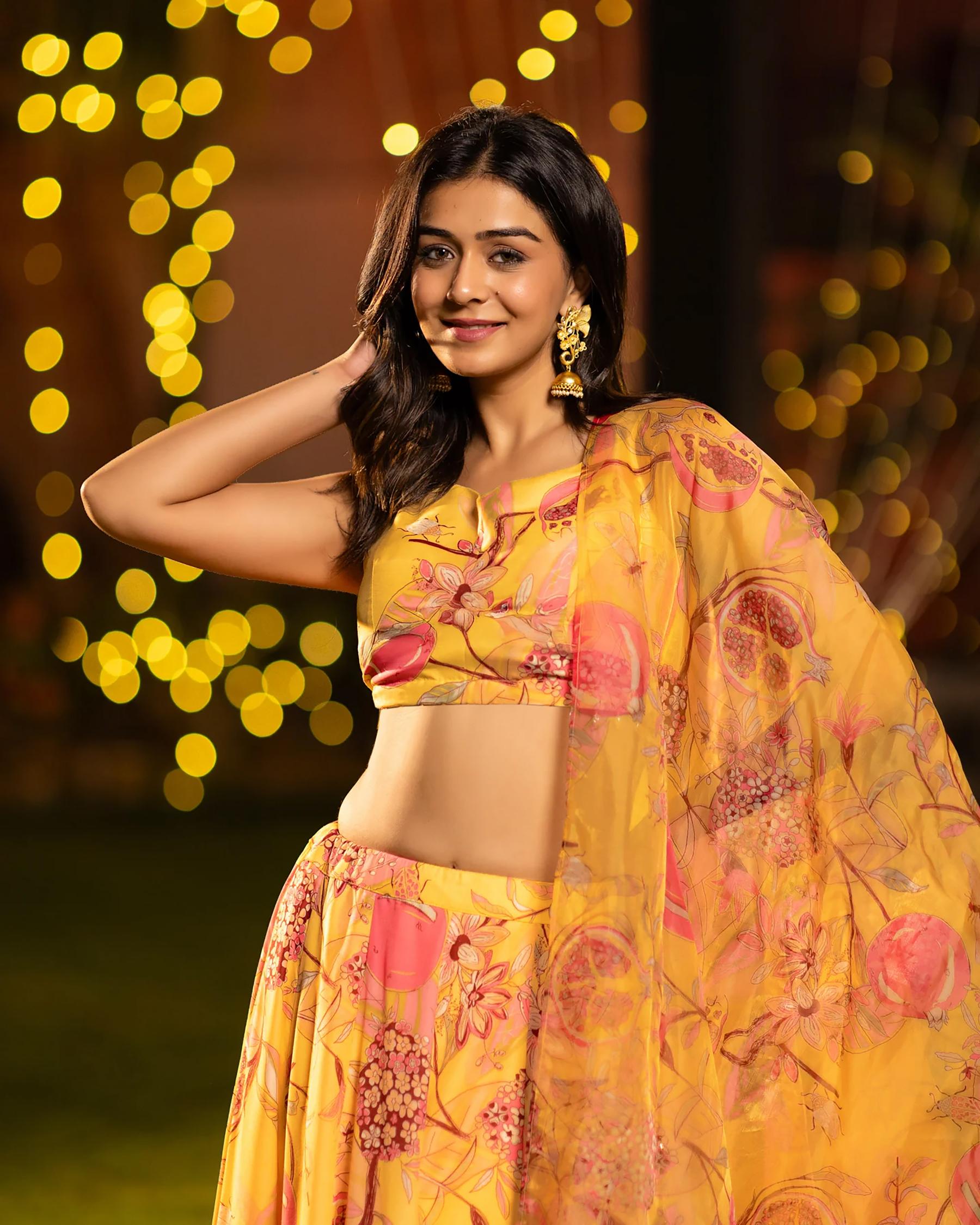 Printed Yellow Readymade Lehenga