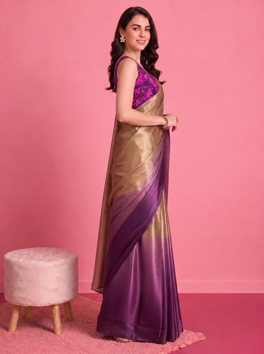Purple Abstract Satin Ready To Wear Saree