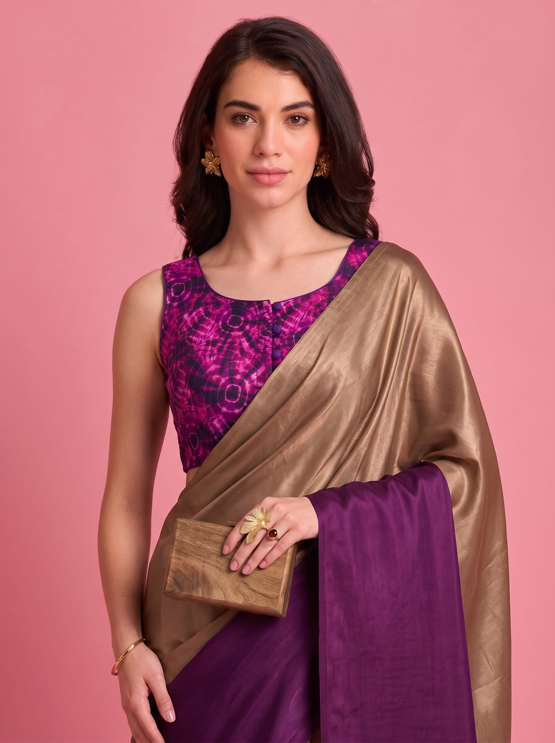 Purple Abstract Satin Ready To Wear Saree