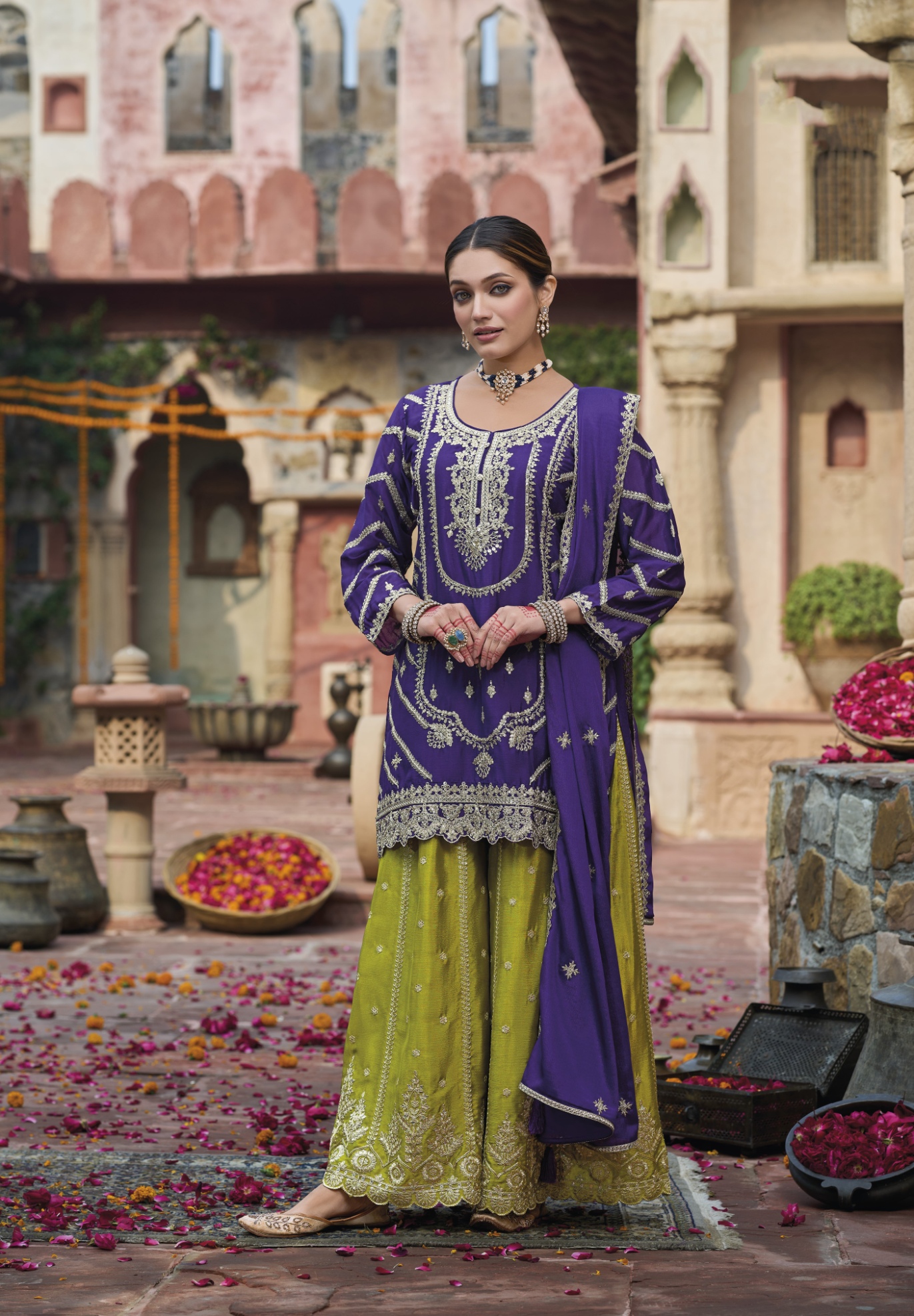 Purple Abstract Sequins Embroidery Chinon Straight Palazzo Suit