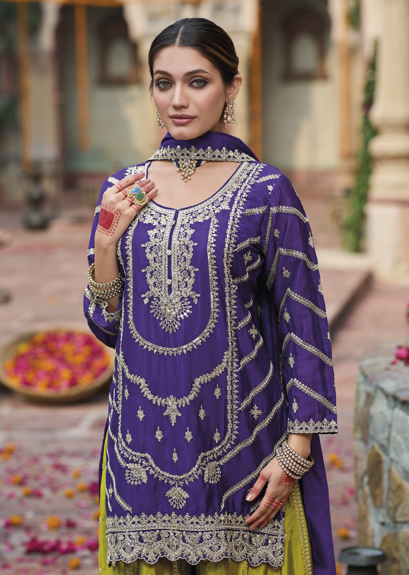 Purple Abstract Sequins Embroidery Chinon Straight Palazzo Suit — alternate view
