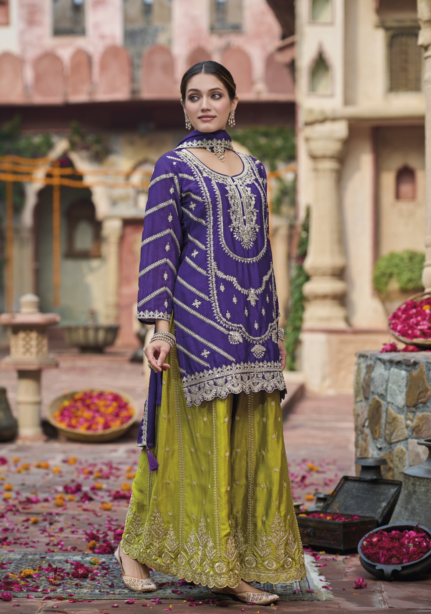 Purple Abstract Sequins Embroidery Chinon Straight Palazzo Suit