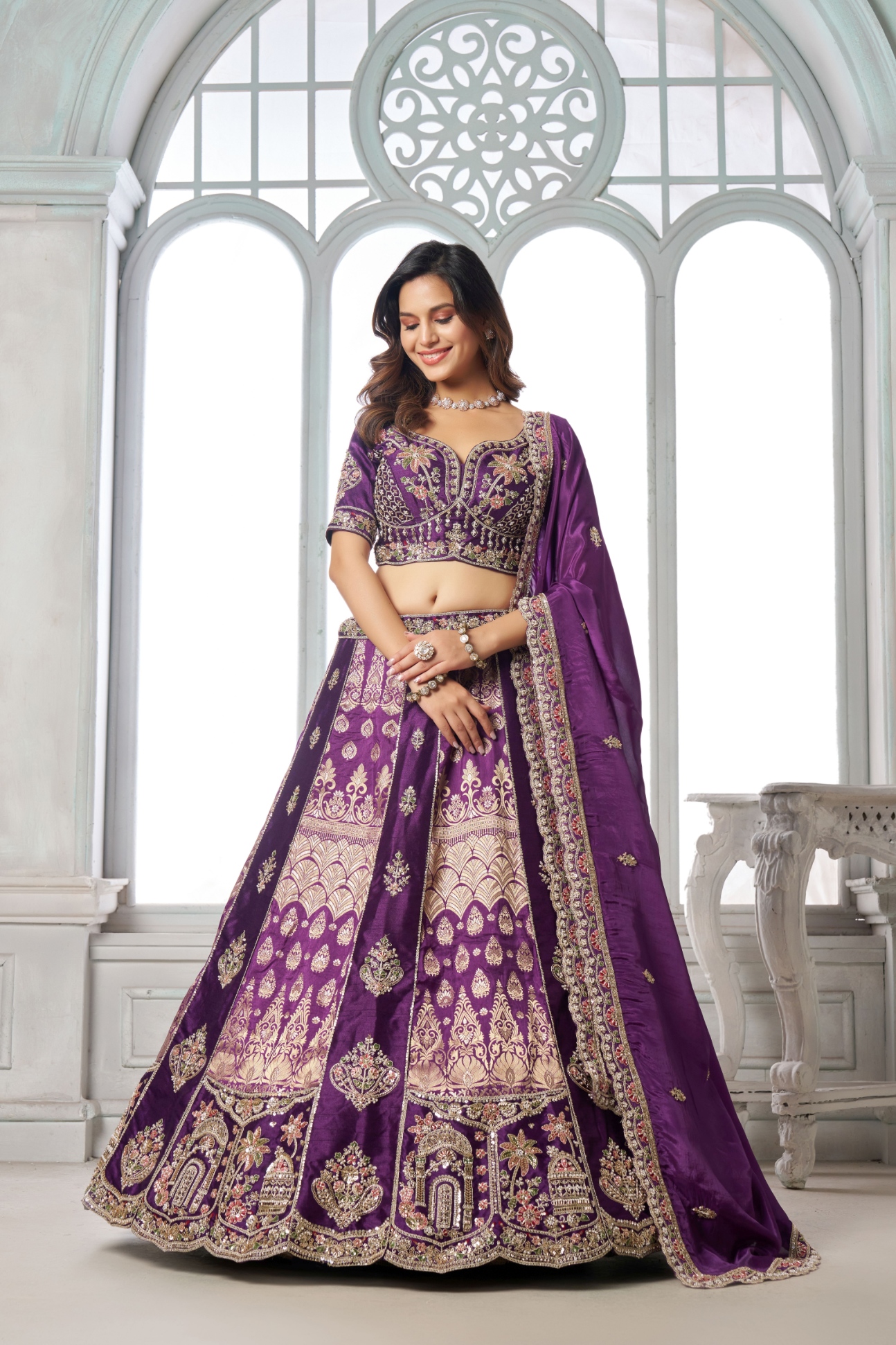 Purple Architectural Motif Handwork Silk Bridal Lehenga Choli