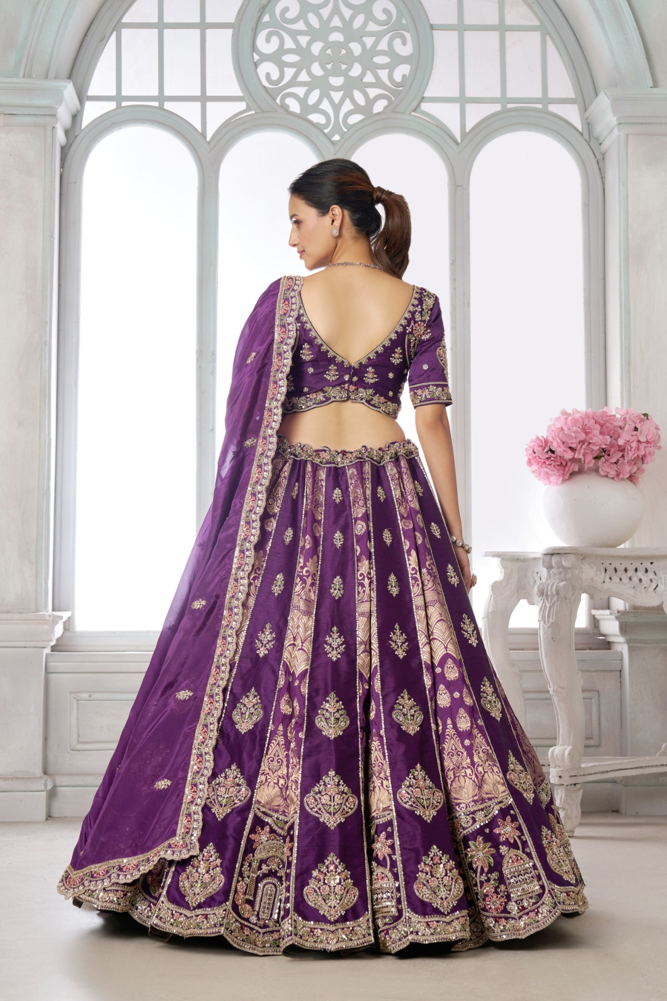 Purple Architectural Motif Handwork Silk Bridal Lehenga Choli — alternate view