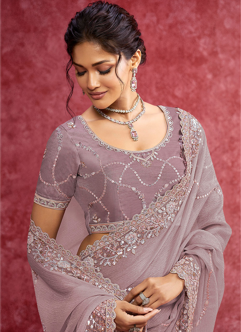 Purple Banarasi Silk Heavy Embroidered Festive Saree — alternate view
