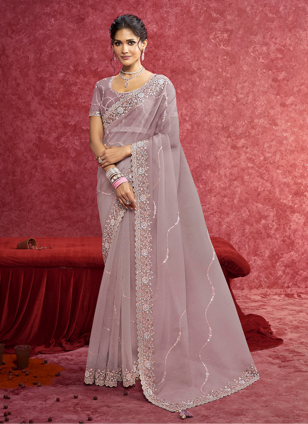 Purple Banarasi Silk Heavy Embroidered Festive Saree