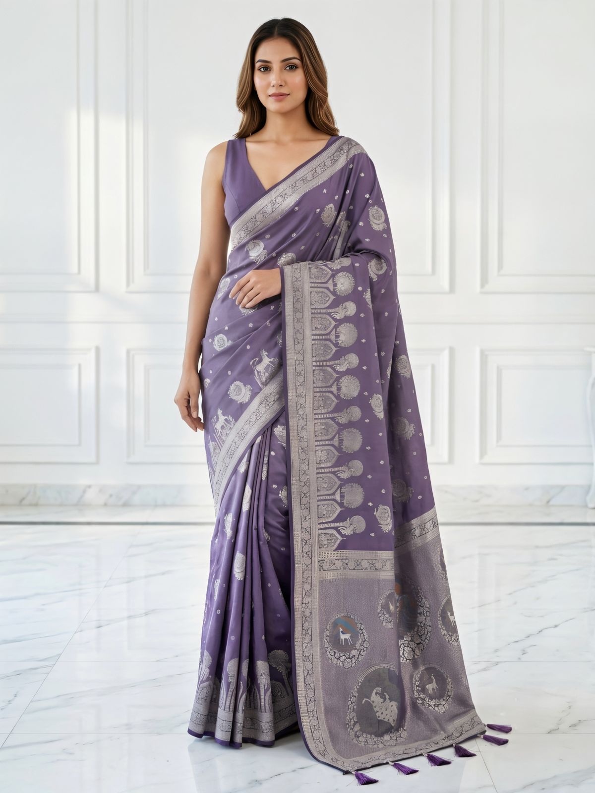 Purple Banarasi Woven Silk Saree