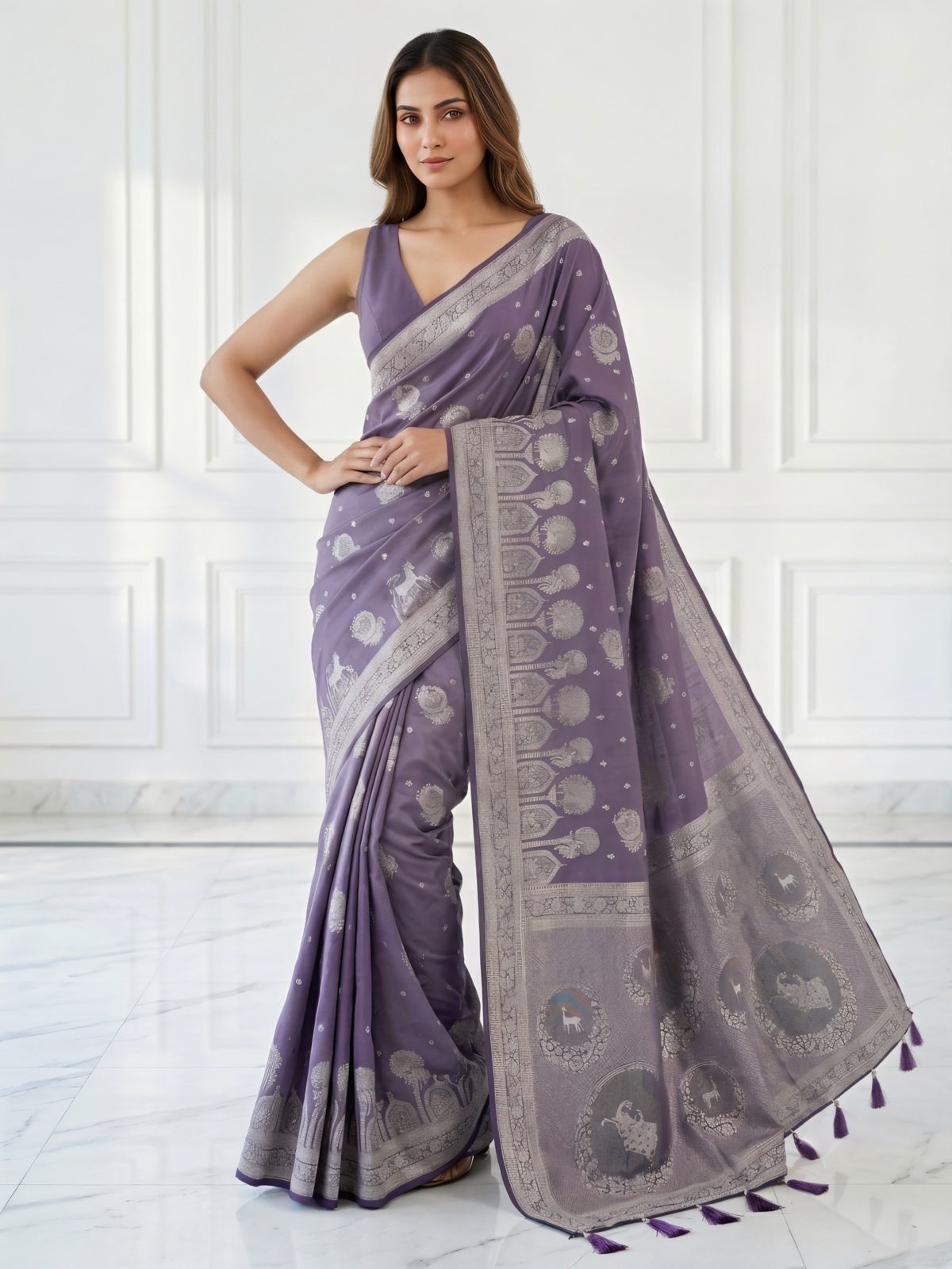 Purple Banarasi Woven Silk Saree