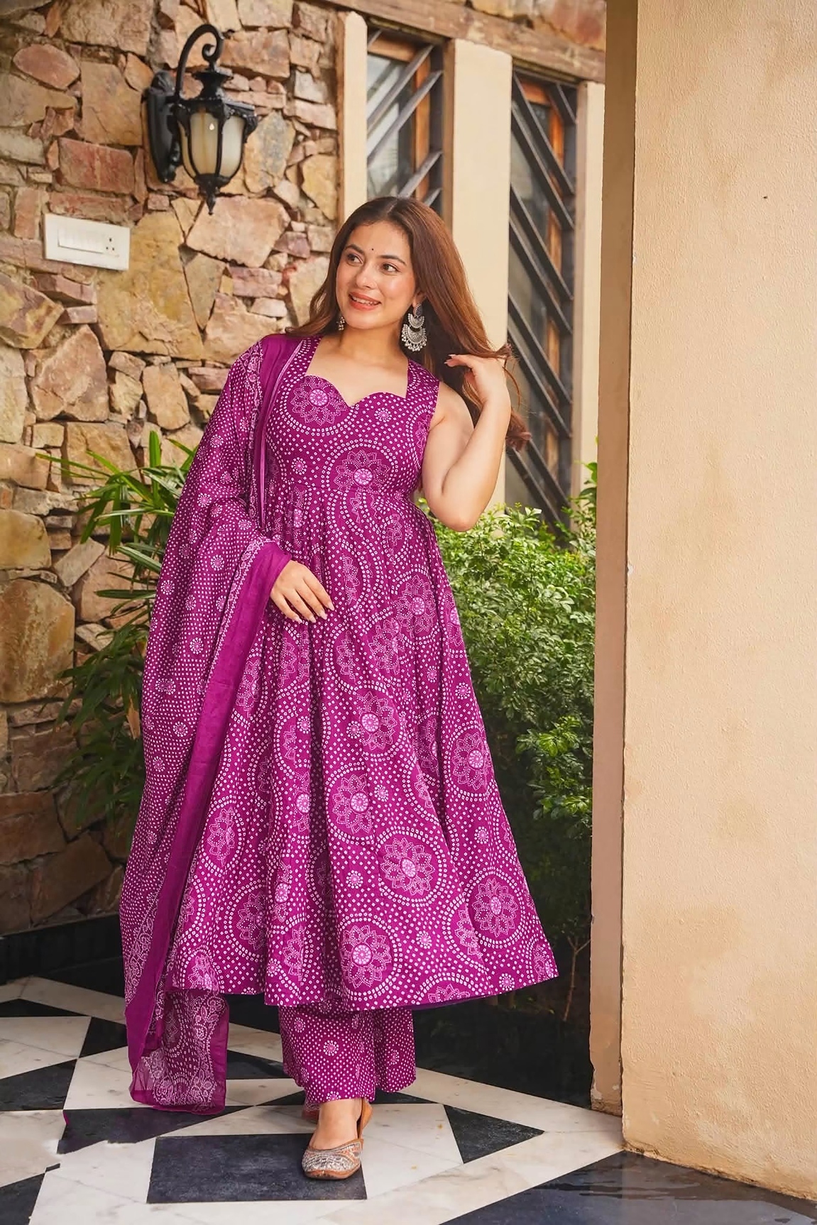 Purple Bandhani Digital Print Cambric Cotton Anarkali Suit