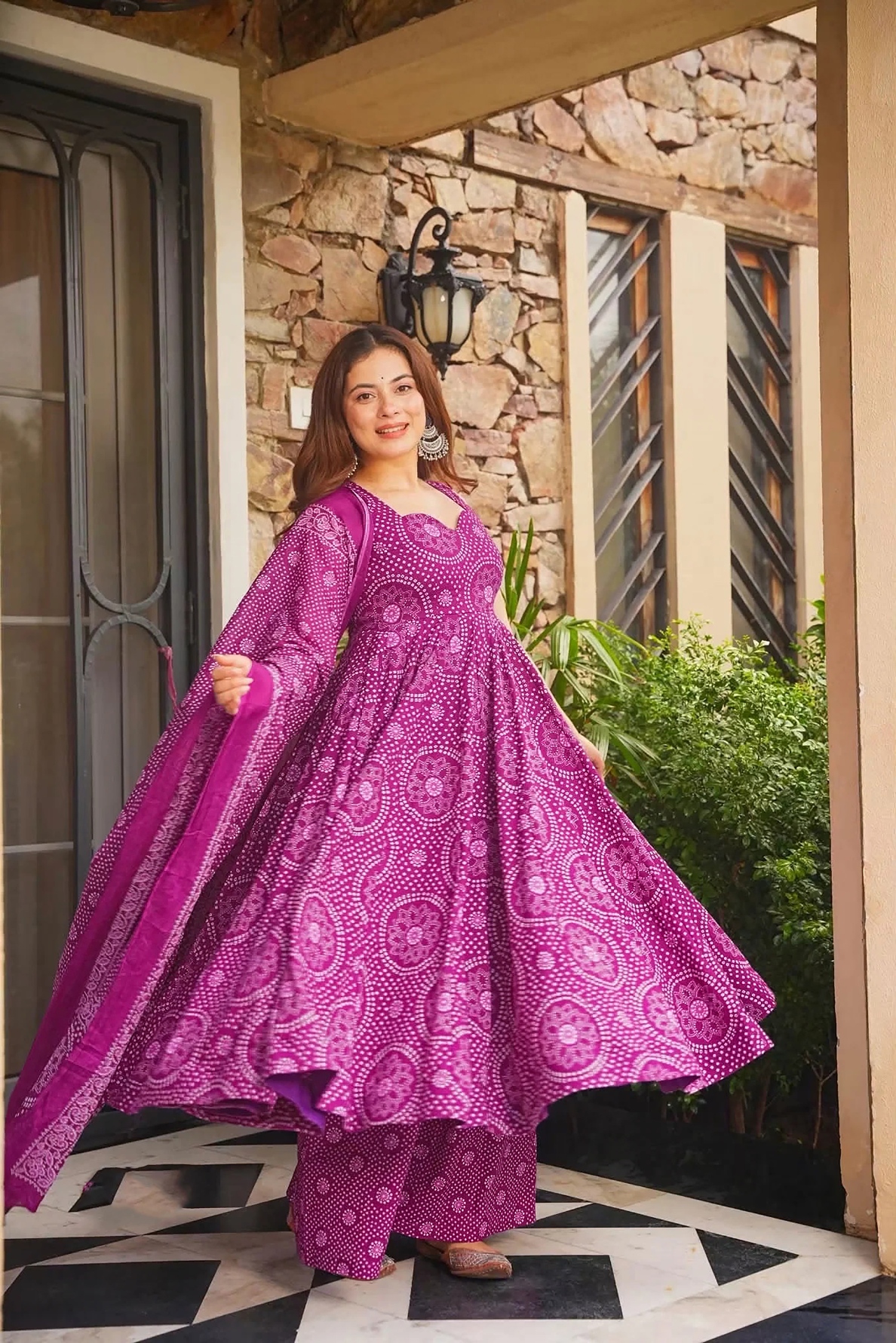Purple Bandhani Digital Print Cambric Cotton Anarkali Suit