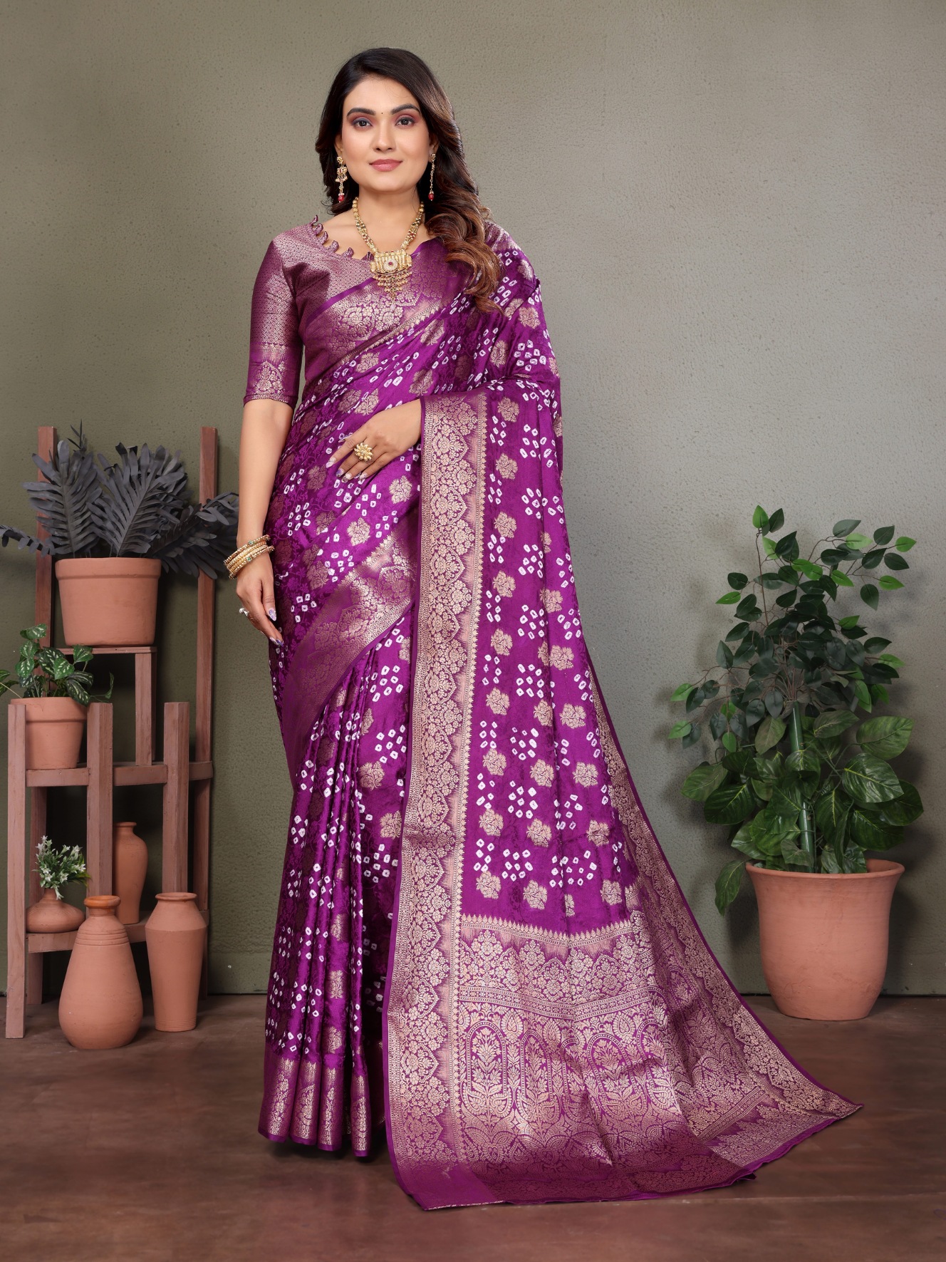 Purple Bandhani Jacquard Work Satin Silk Saree
