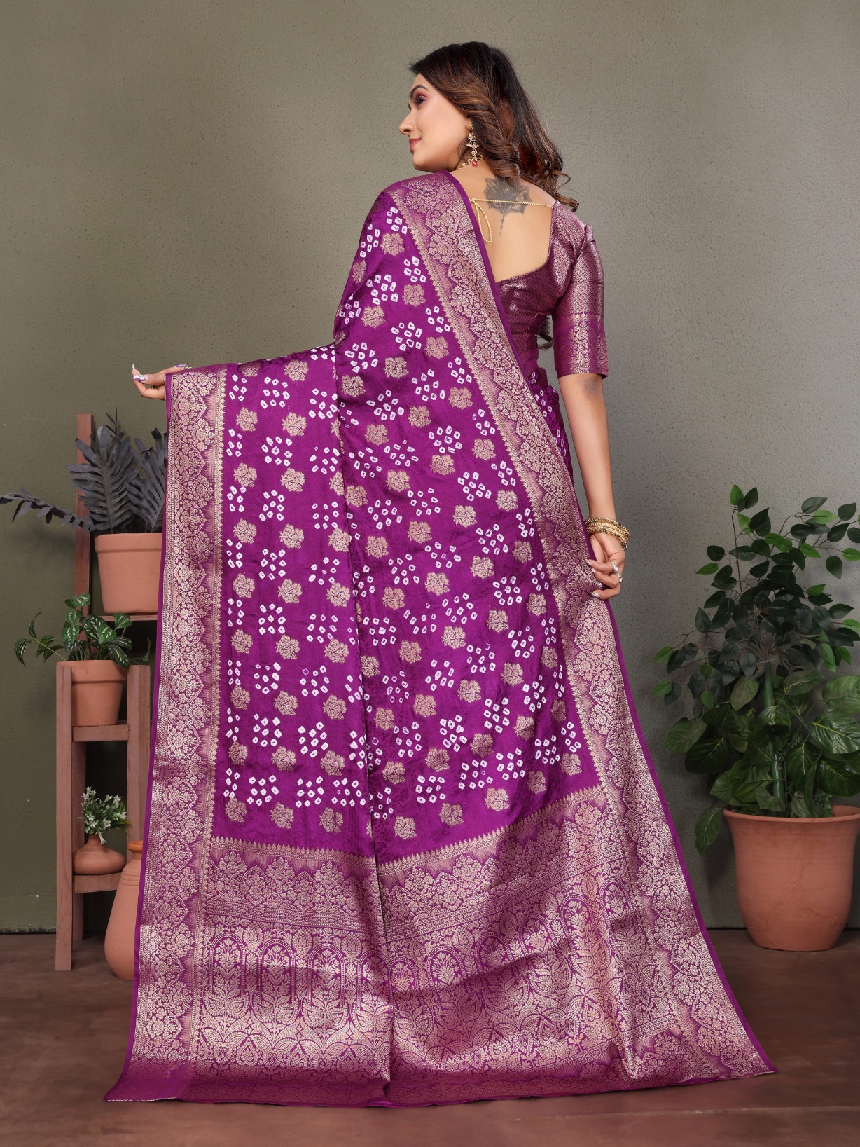 Purple Bandhani Jacquard Work Satin Silk Saree — alternate view