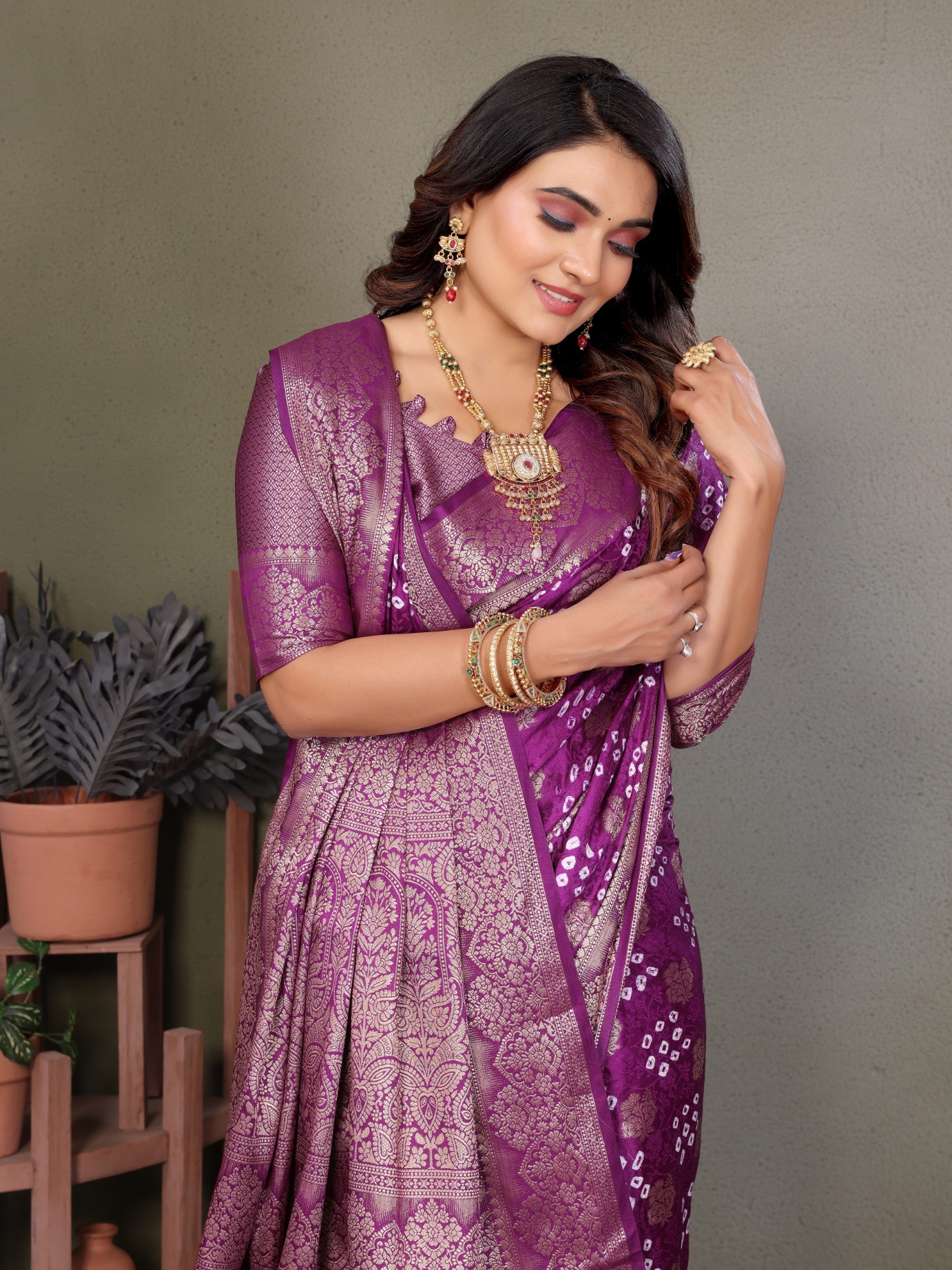 Purple Bandhani Jacquard Work Satin Silk Saree
