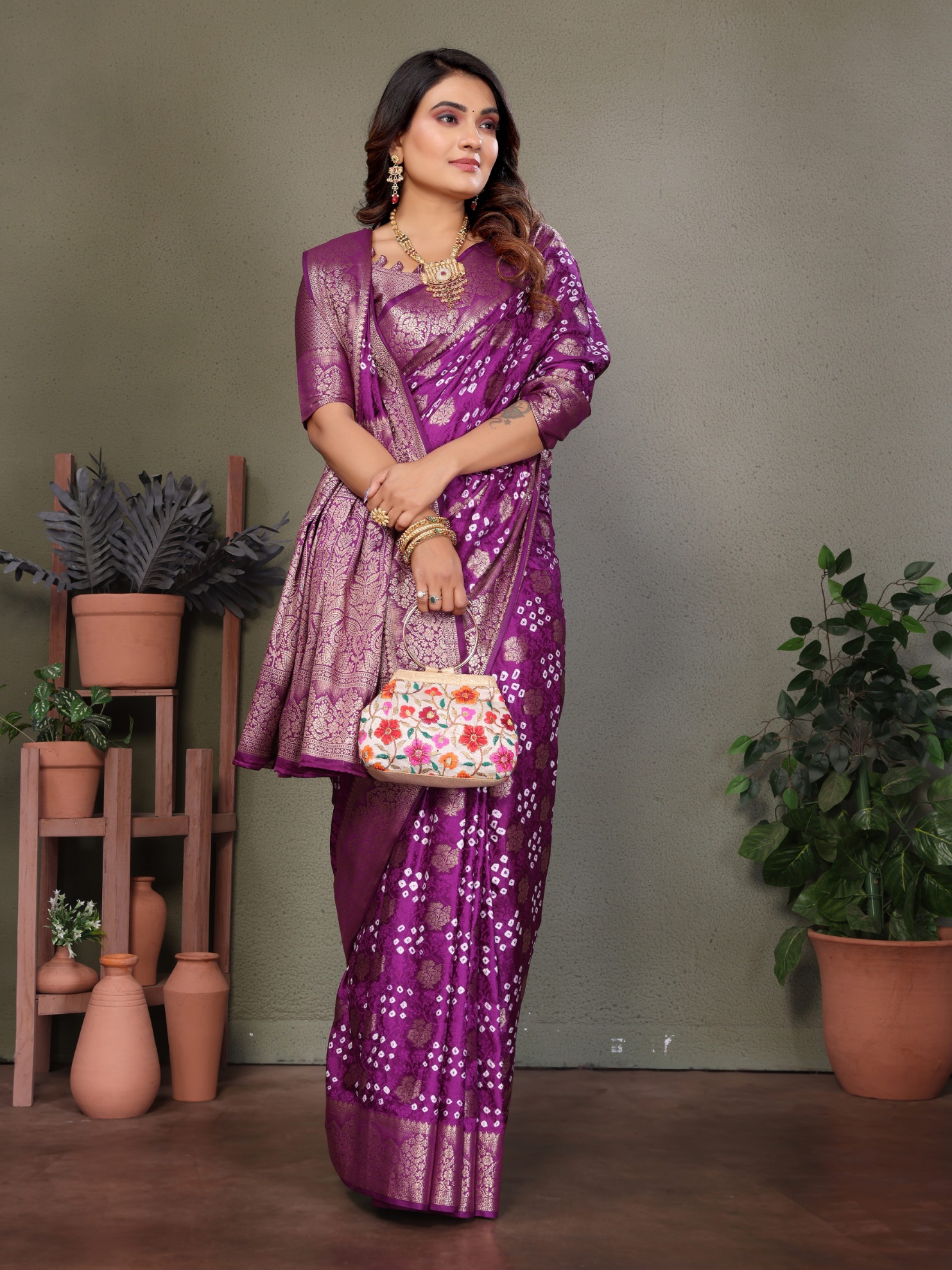 Purple Bandhani Jacquard Work Satin Silk Saree