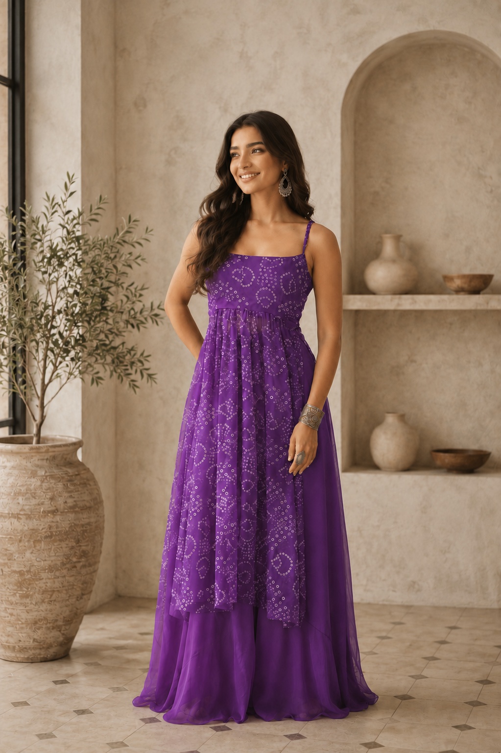 Purple Bandhani Printed Faux Georgette Co-Ord Set