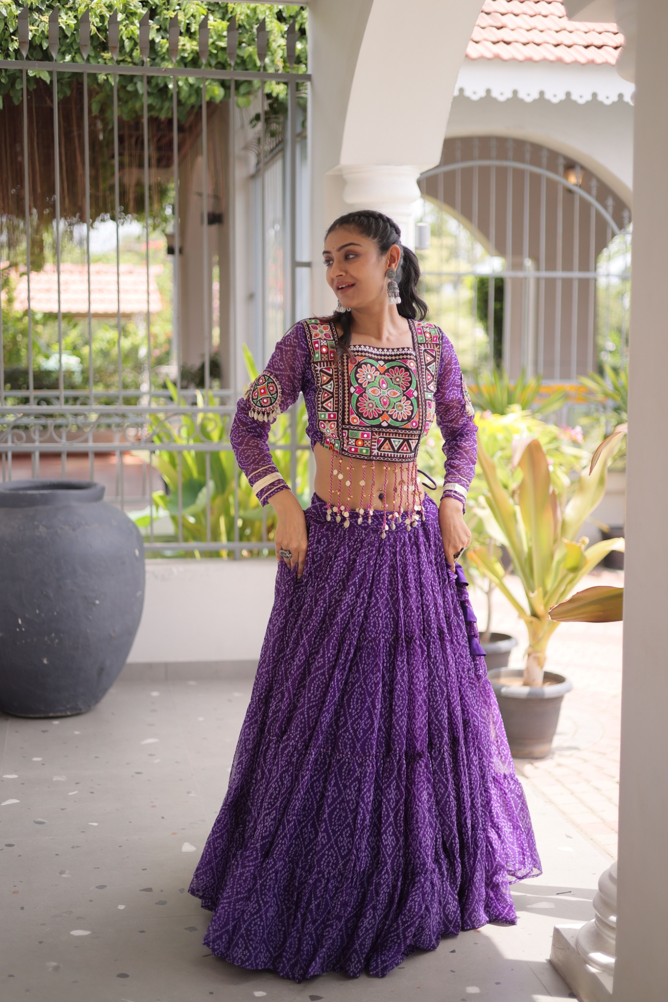 Purple Bandhani Printed Faux Georgette Tiered Lehenga