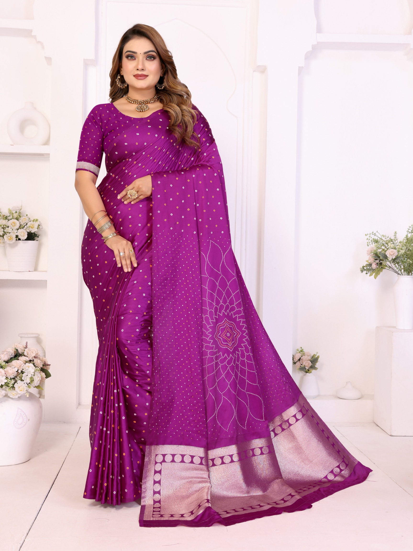 Purple Bandhej Weaving Satin Silk Saree