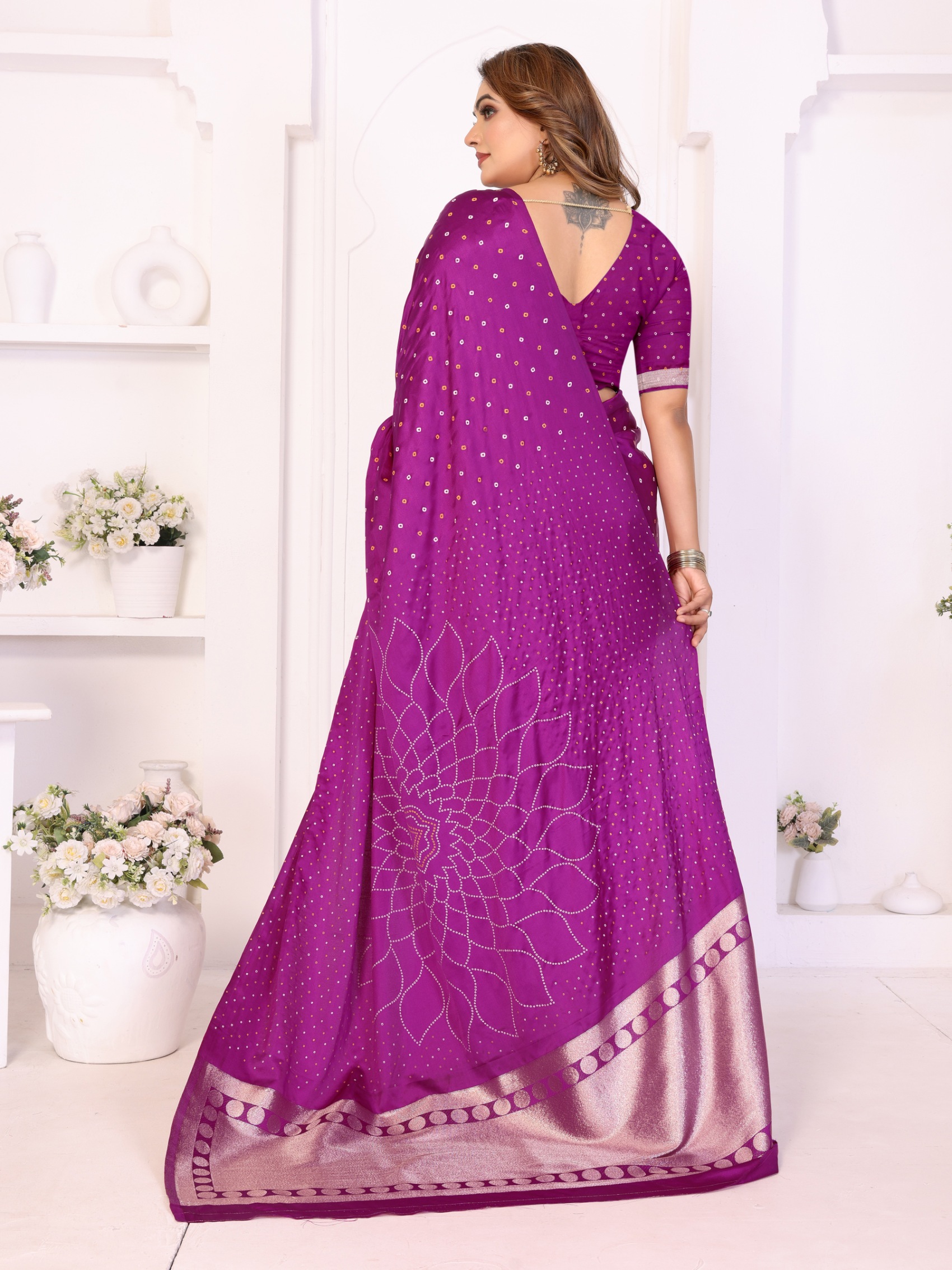 Purple Bandhej Weaving Satin Silk Saree — alternate view