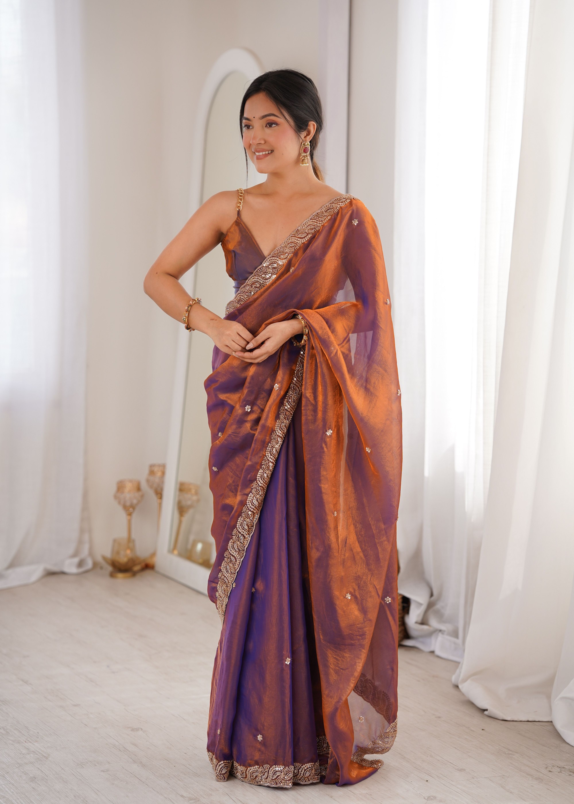 Purple Beads Pearl Fendy Satin Classic Saree