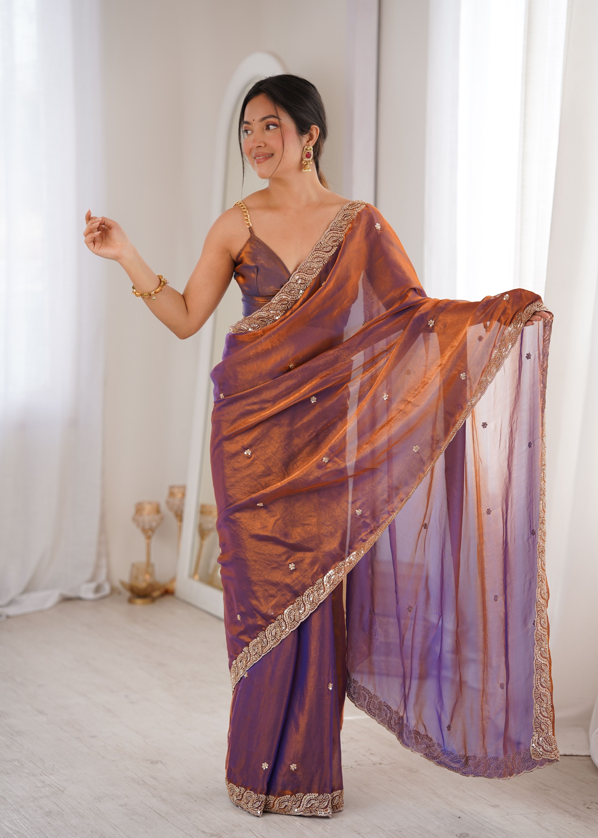 Purple Beads Pearl Fendy Satin Classic Saree — alternate view