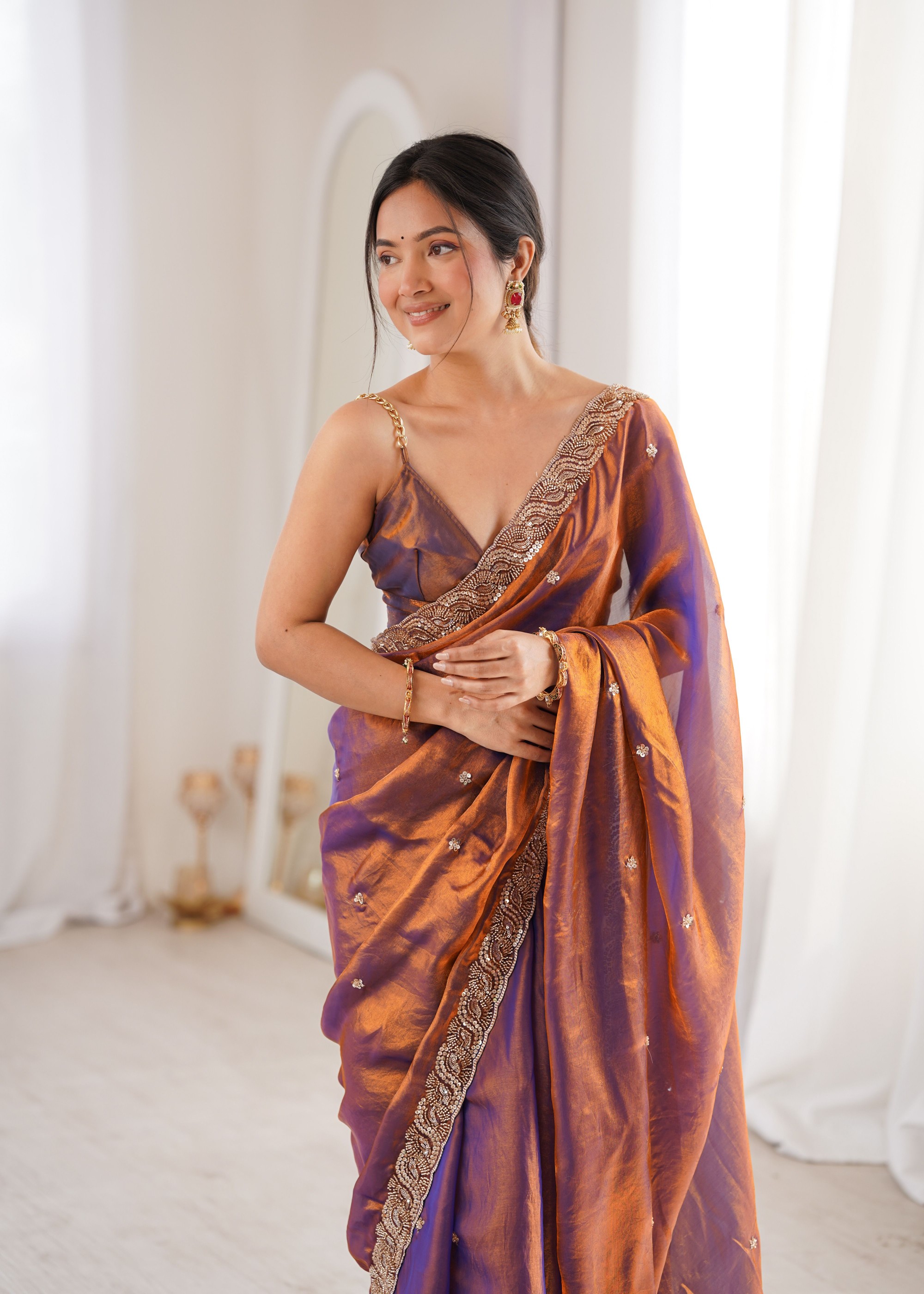 Purple Beads Pearl Fendy Satin Classic Saree