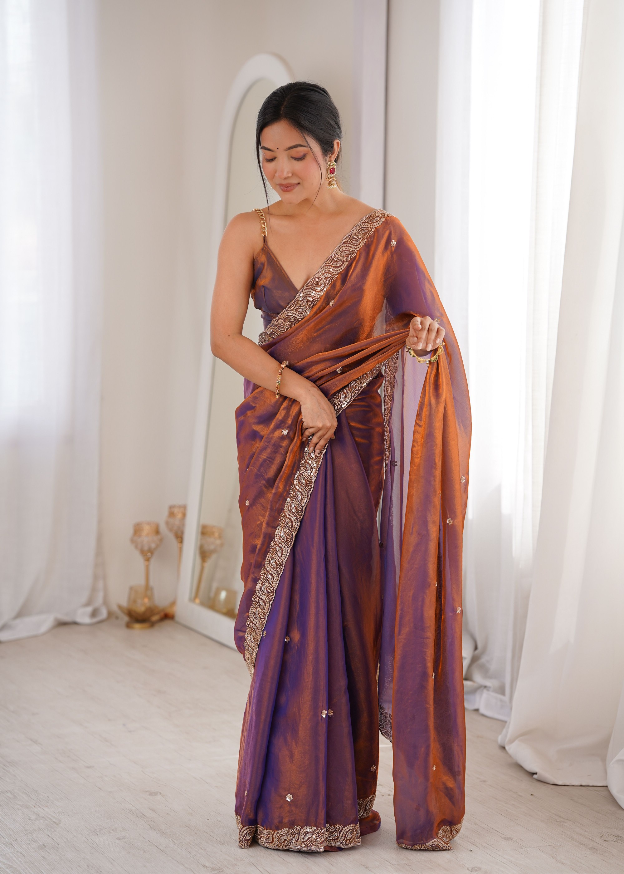 Purple Beads Pearl Fendy Satin Classic Saree