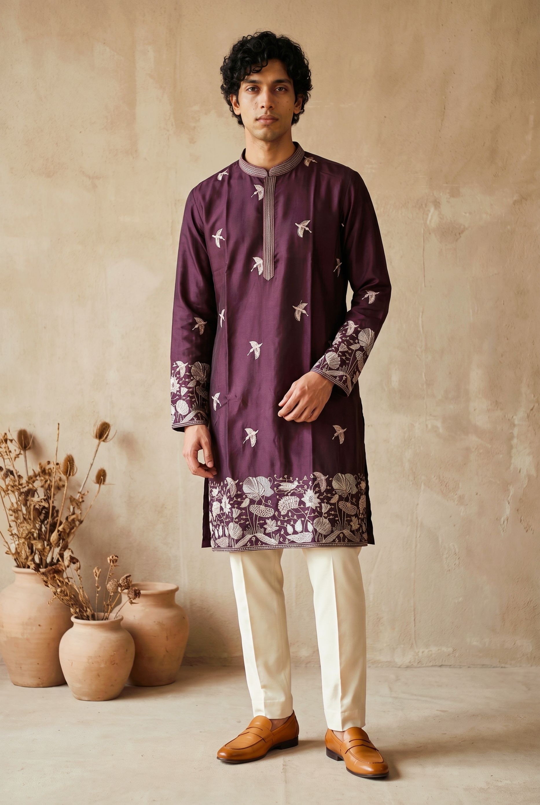 Purple Bird Motif Embroidered Silk Kurta Pyjama