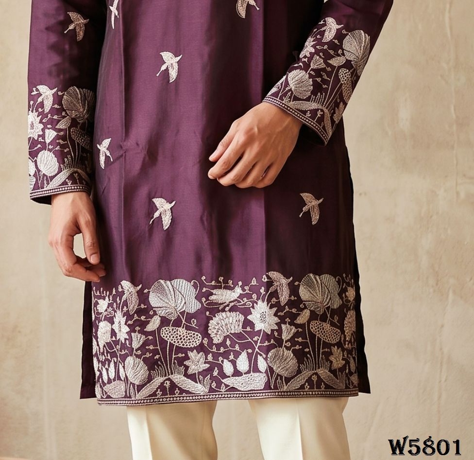 Purple Bird Motif Embroidered Silk Kurta Pyjama