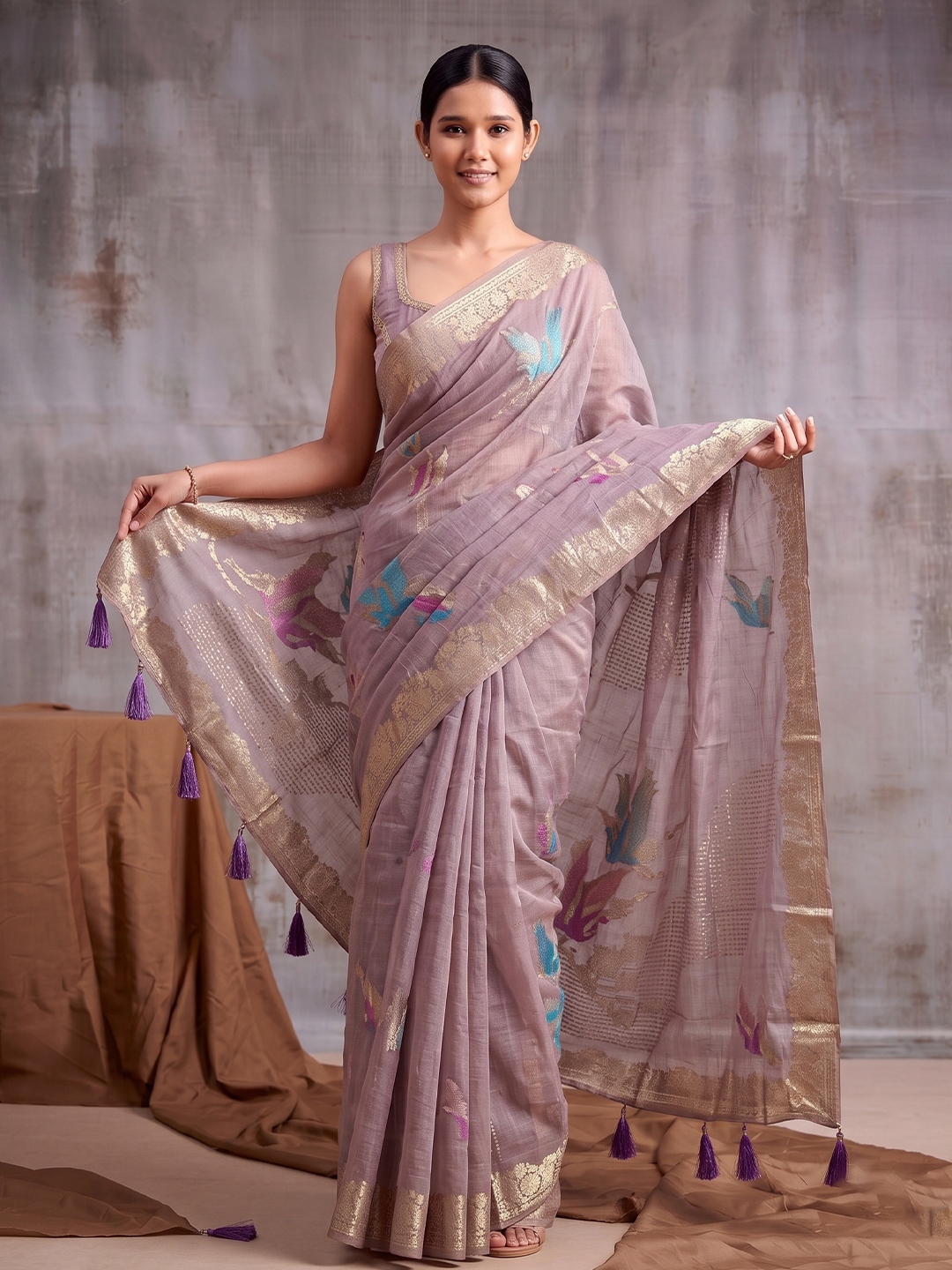 Purple Bird Motif Linen Cotton Saree
