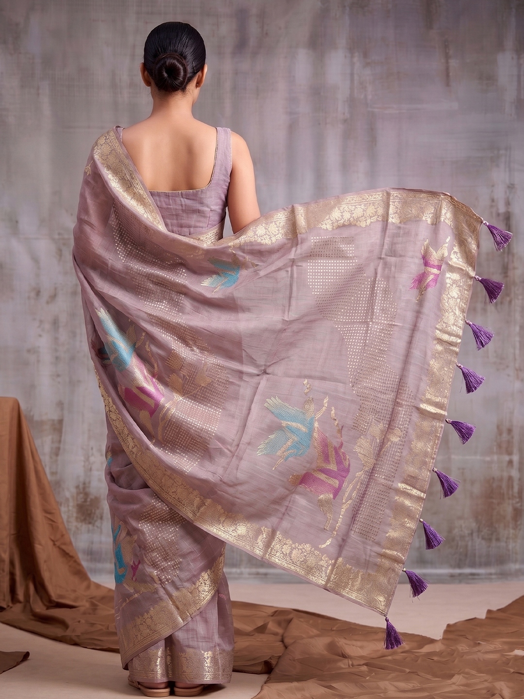 Purple Bird Motif Linen Cotton Saree — alternate view