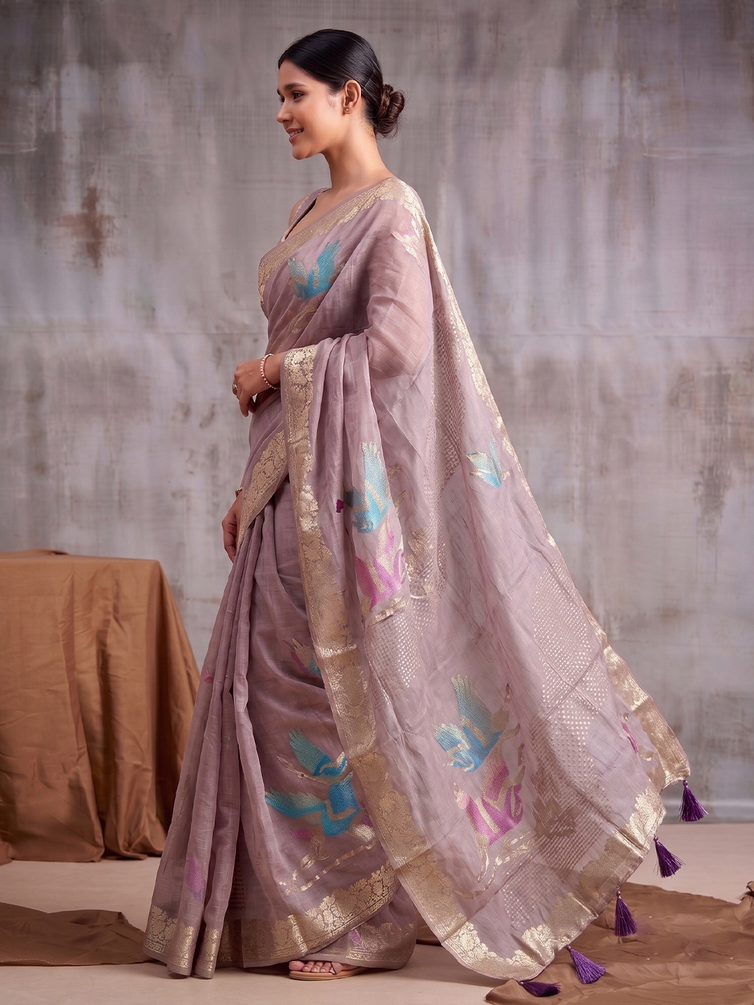 Purple Bird Motif Linen Cotton Saree