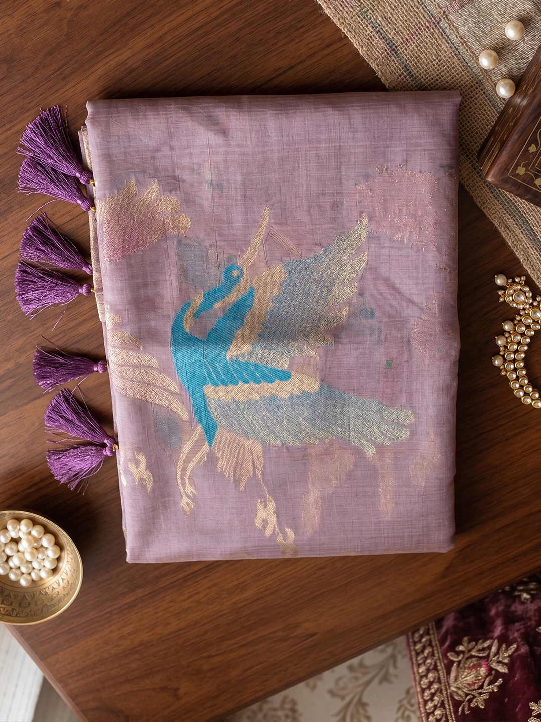 Purple Bird Motif Linen Cotton Saree