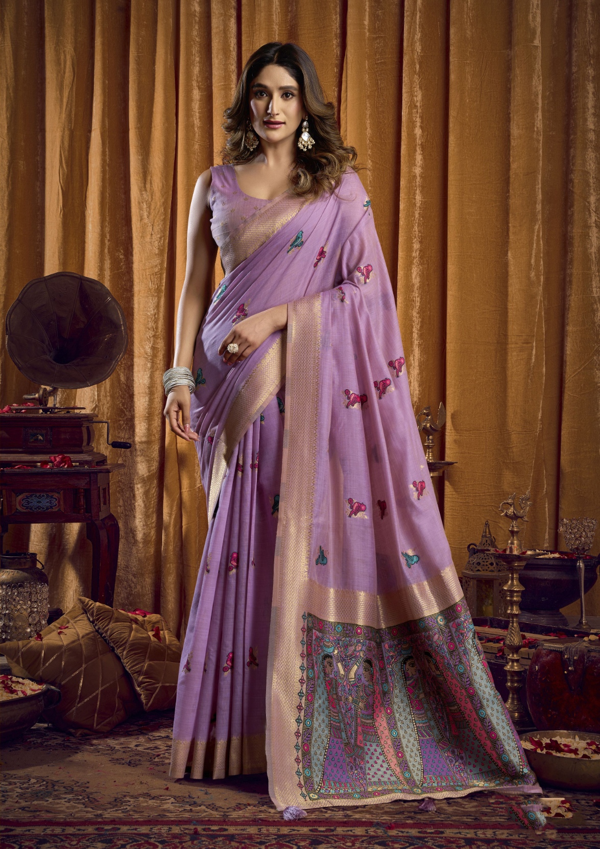 Purple Bird Motif Woven Katha Khadi Cotton Saree