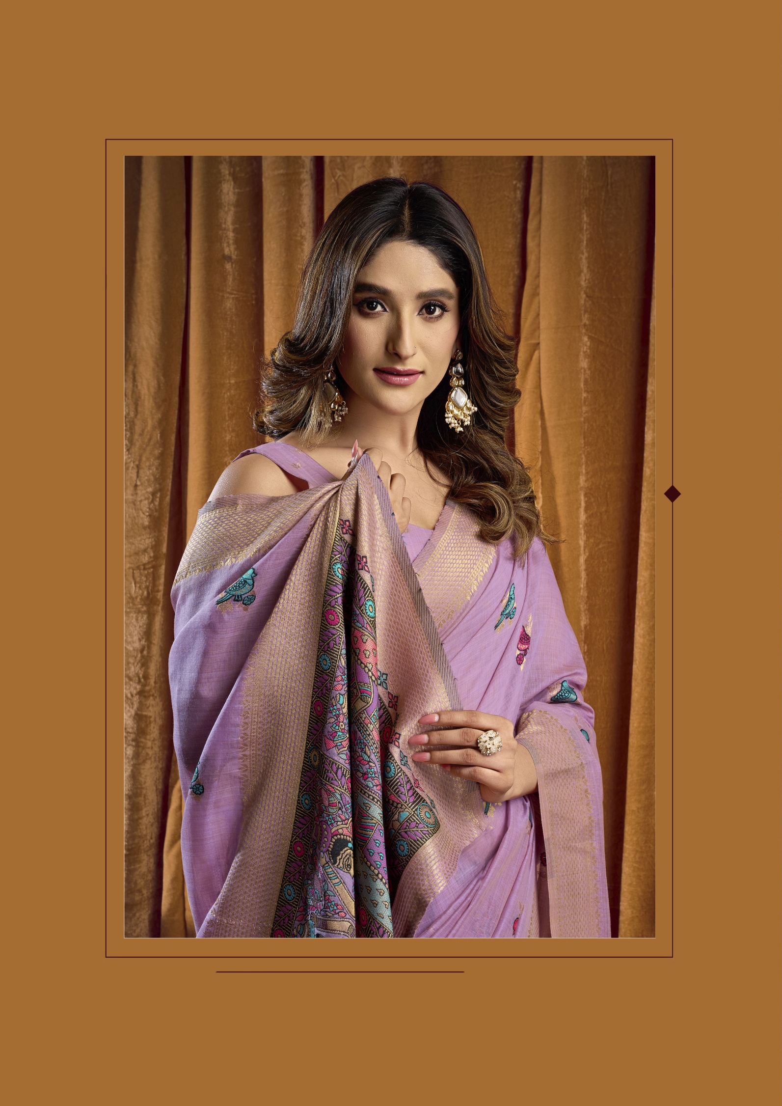 Purple Bird Motif Woven Katha Khadi Cotton Saree — alternate view