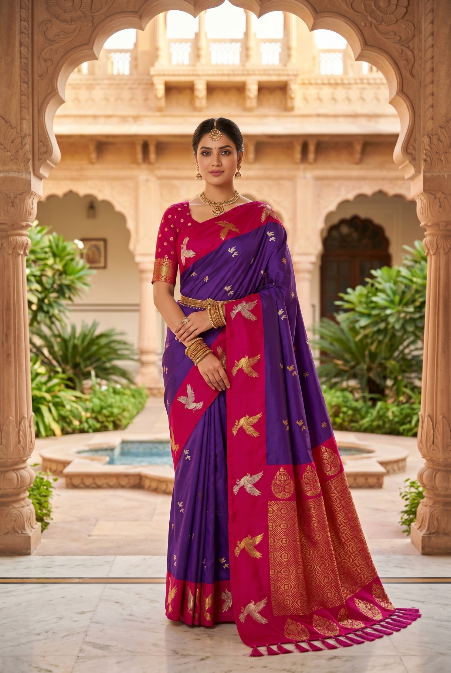 Purple Bird Woven Soft Silk Saree